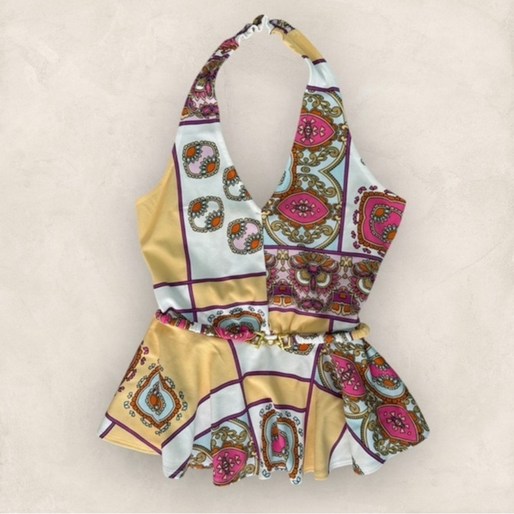 VENUS White Yellow Asymmetrical Peplum Tank Top